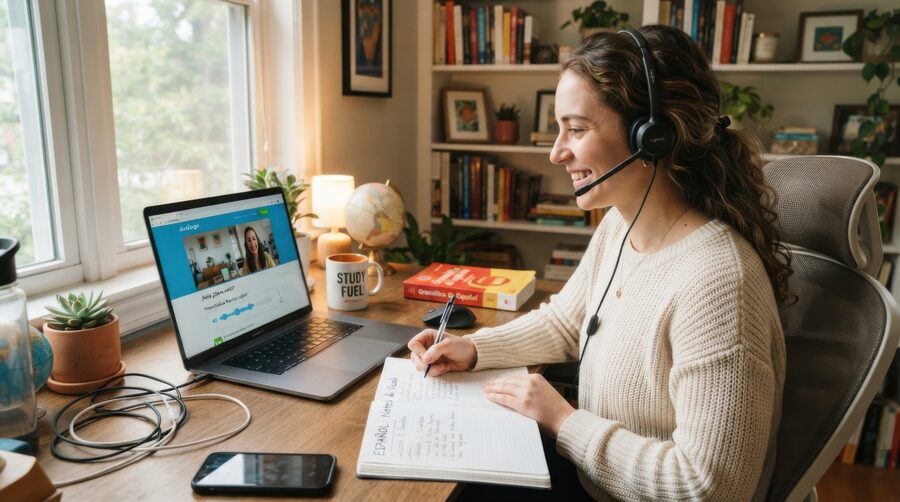 Clase de conversación por videollamada, con auriculares